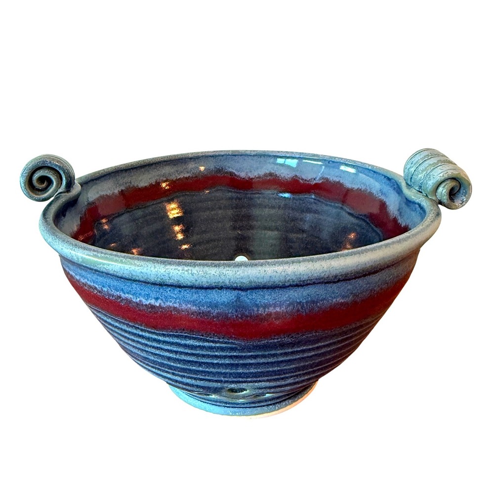 Handmade 7" Ceramic Berry Bowl Basket Blue Red Glaze Coiled Handles‎ Signed